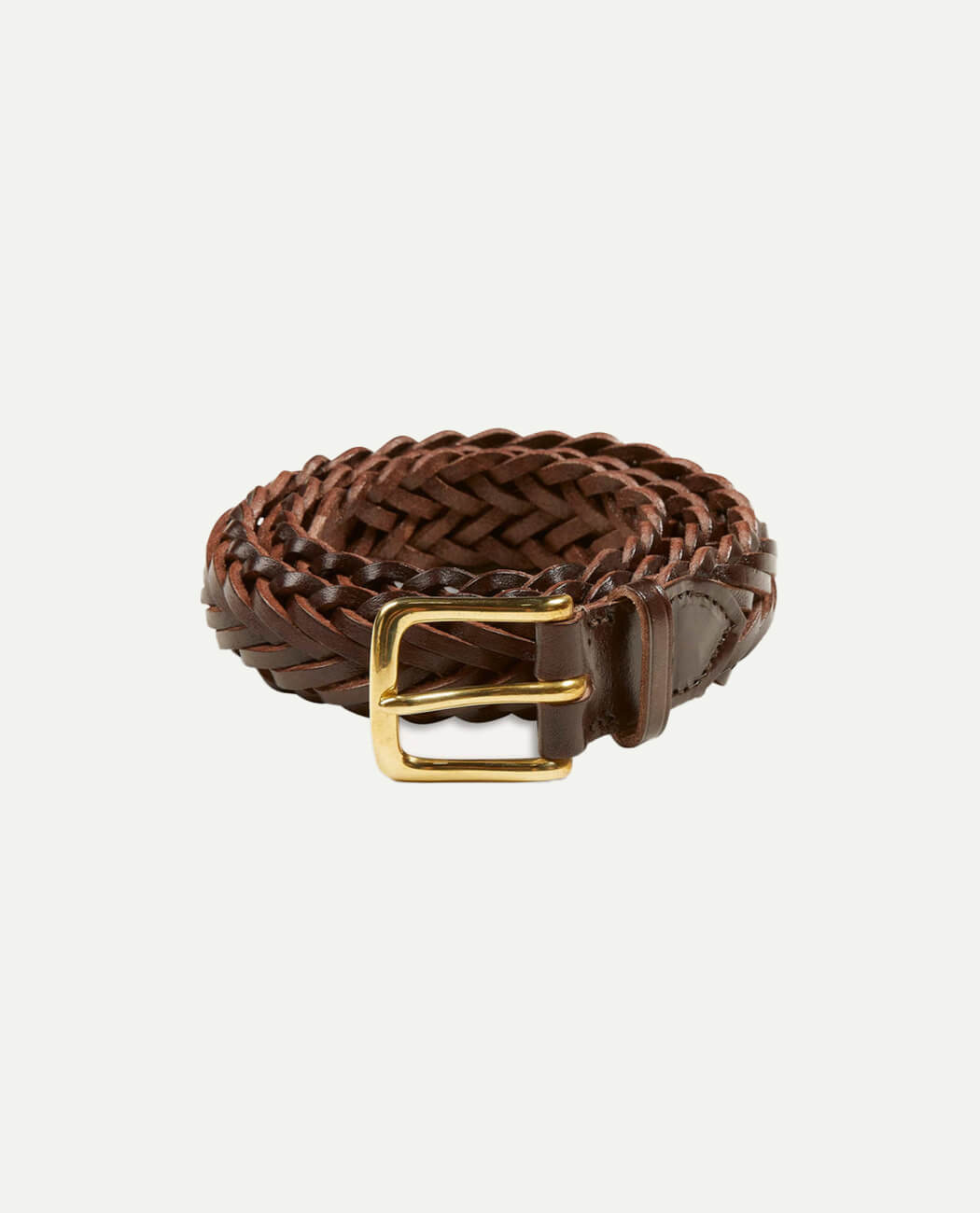 Plaited bridle leather belt dark havana with gold plated brass buckle